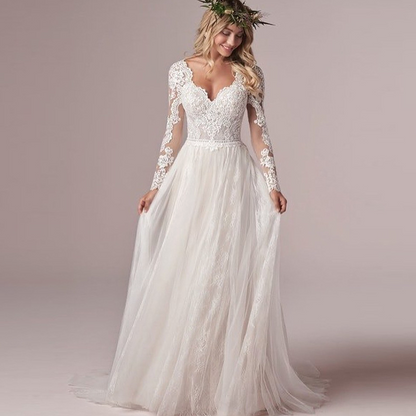 V-Neck Long Sleeves Simple Wedding Dress With Train