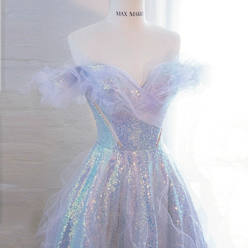 Light Blue Sparkly A Line Off the Shoulder Sequins Long Prom Dress
