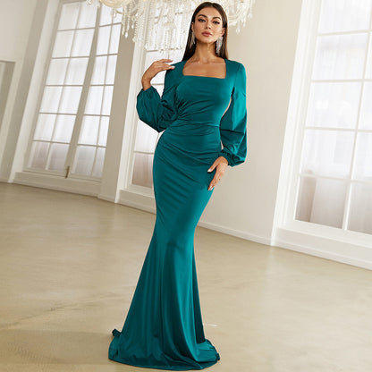 Bishop Sleeve Square Neck Mermaid Prom Dress