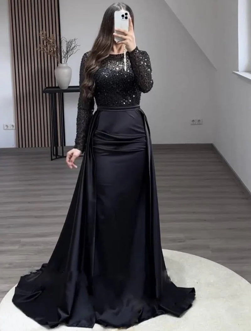 A-Line Long Sleeves Sweep Train Sequined Evening Dress