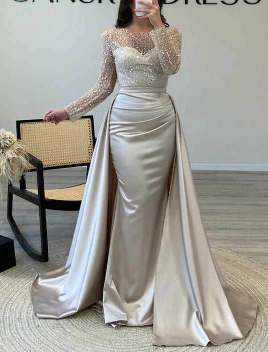 A-Line Long Sleeves Sweep Train Sequined Evening Dress