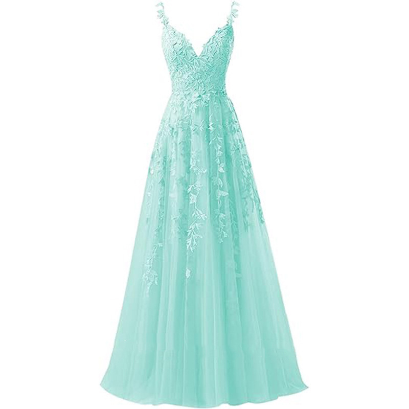 Deep V Neck Sleeveless Lace Applique Prom Dress