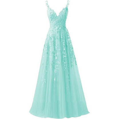 Deep V Neck Sleeveless Lace Applique Prom Dress