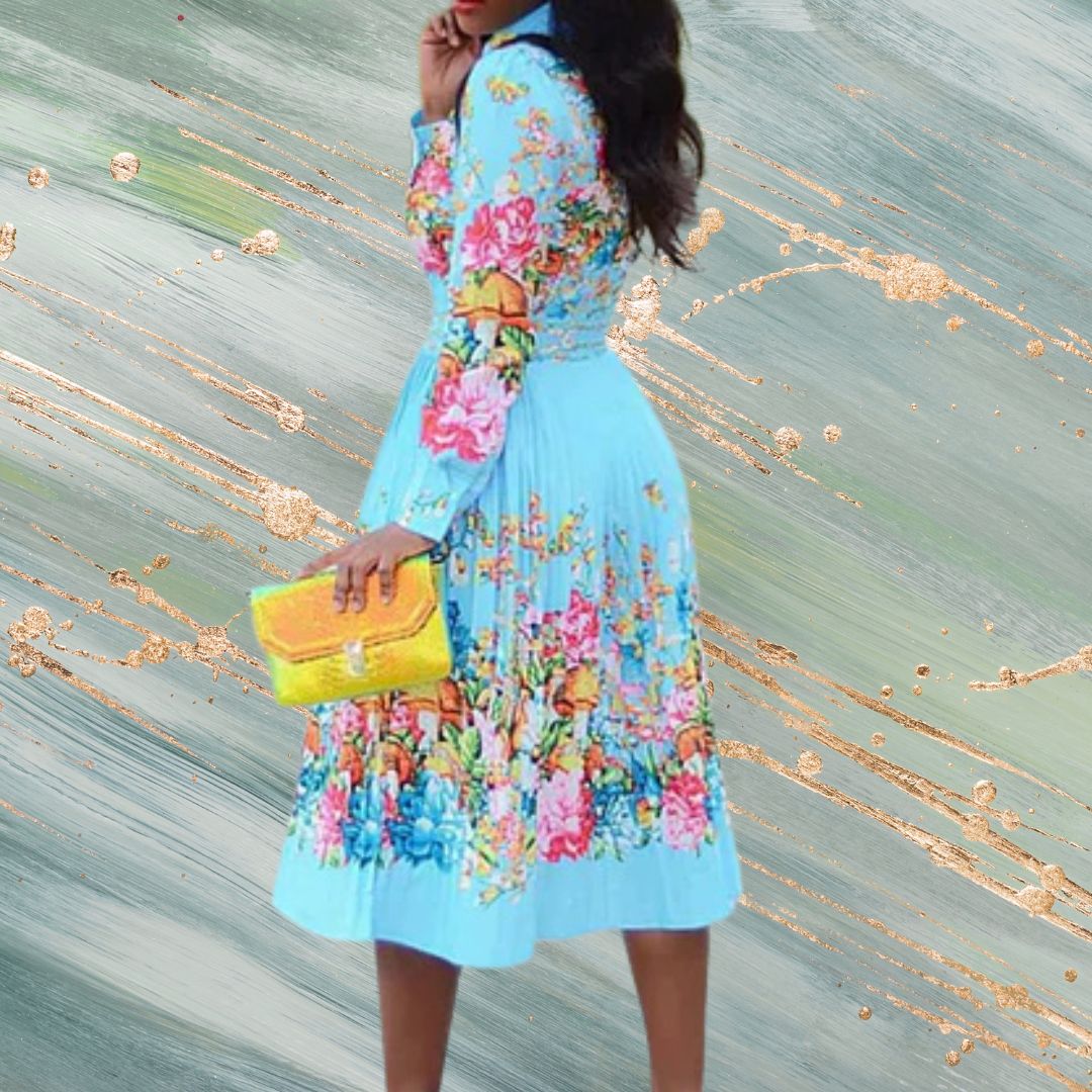 Pleated Print Long Sleeve Mid-Calf Lapel Standard-Waist Pullover A-line Dress