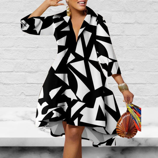 Print Three-Quarter Sleeve Knee-Length High Waist Regular Casual Dress
