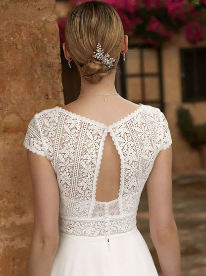 V-Neck Short Sleeves A-Line Tea-Length Wedding Dress