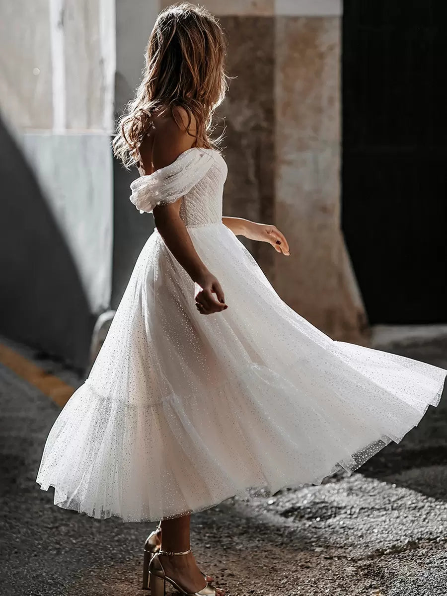 Sweetheart Neck Sleeveless A-Line Tea-Length Short Wedding Dress