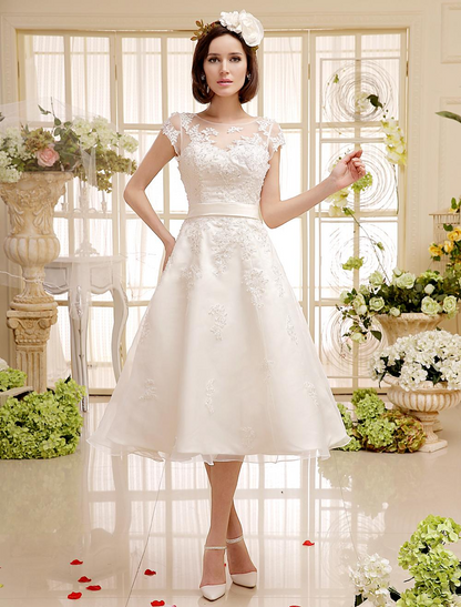 Vintage A Line Tea Length Short Wedding Dress