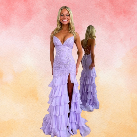 Thistle Deep V Neck Sleeveless Ruffle Prom Dress