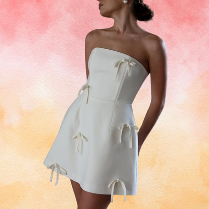White Strapless Short Wedding Dress With Bow