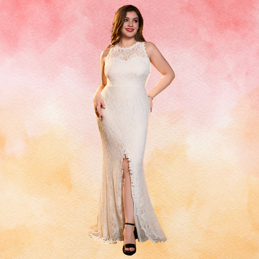 High Neck Lace Court Train Wedding Dress