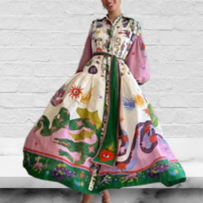 Unique Print Balloon Sleeve Shirt Midi Dress