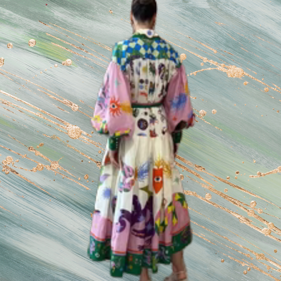 Unique Print Balloon Sleeve Shirt Midi Dress