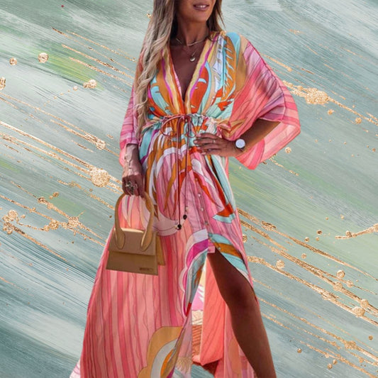 V-Neck Batwing Bohemian Printed Long Beach Cover-Up Dress