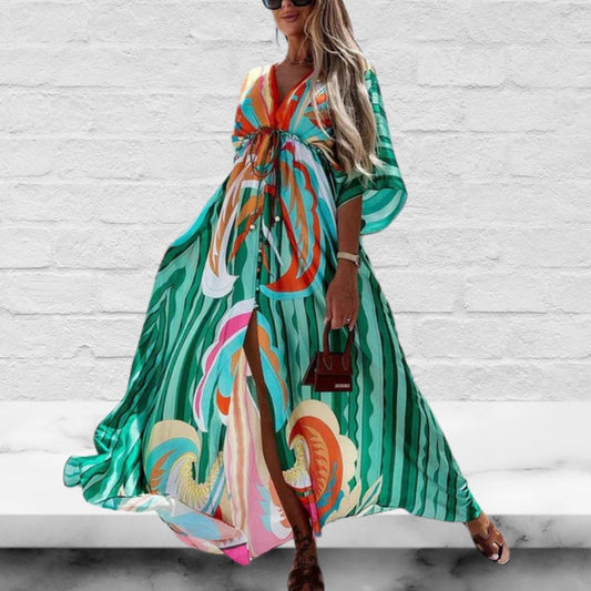 V-Neck Batwing Bohemian Printed Long Beach Cover-Up Dress