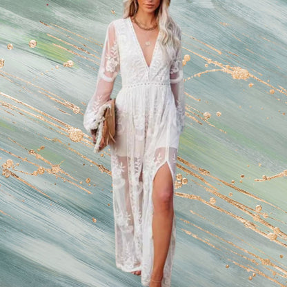 V-Neck Half Sleeves Lace Bohemian Maxi Dress
