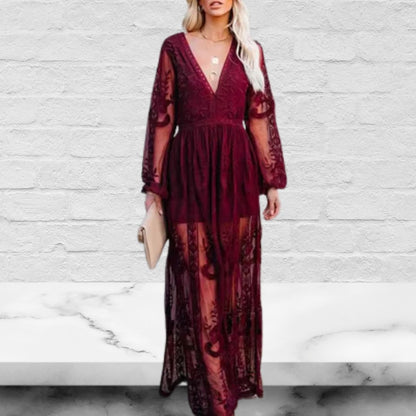V-Neck Half Sleeves Lace Bohemian Maxi Dress