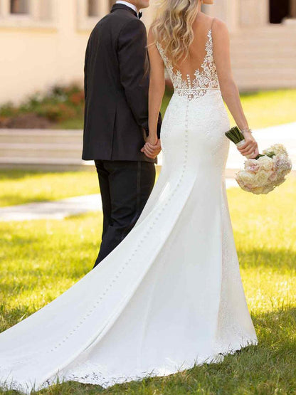 V-Neck Sleeveless Backless Lace Mermaid Wedding Dress