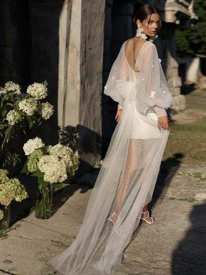 Ivory V-Neck Long Sleeves Sheath Stretch Crepe Short Wedding Dress