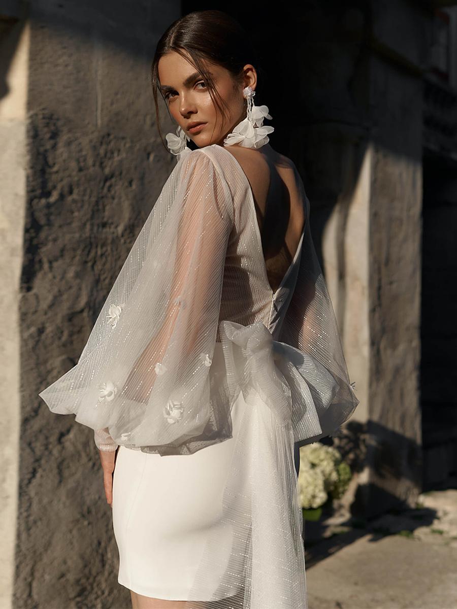 Ivory V-Neck Long Sleeves Sheath Stretch Crepe Short Wedding Dress