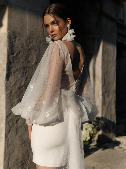 Ivory V-Neck Long Sleeves Sheath Stretch Crepe Short Wedding Dress