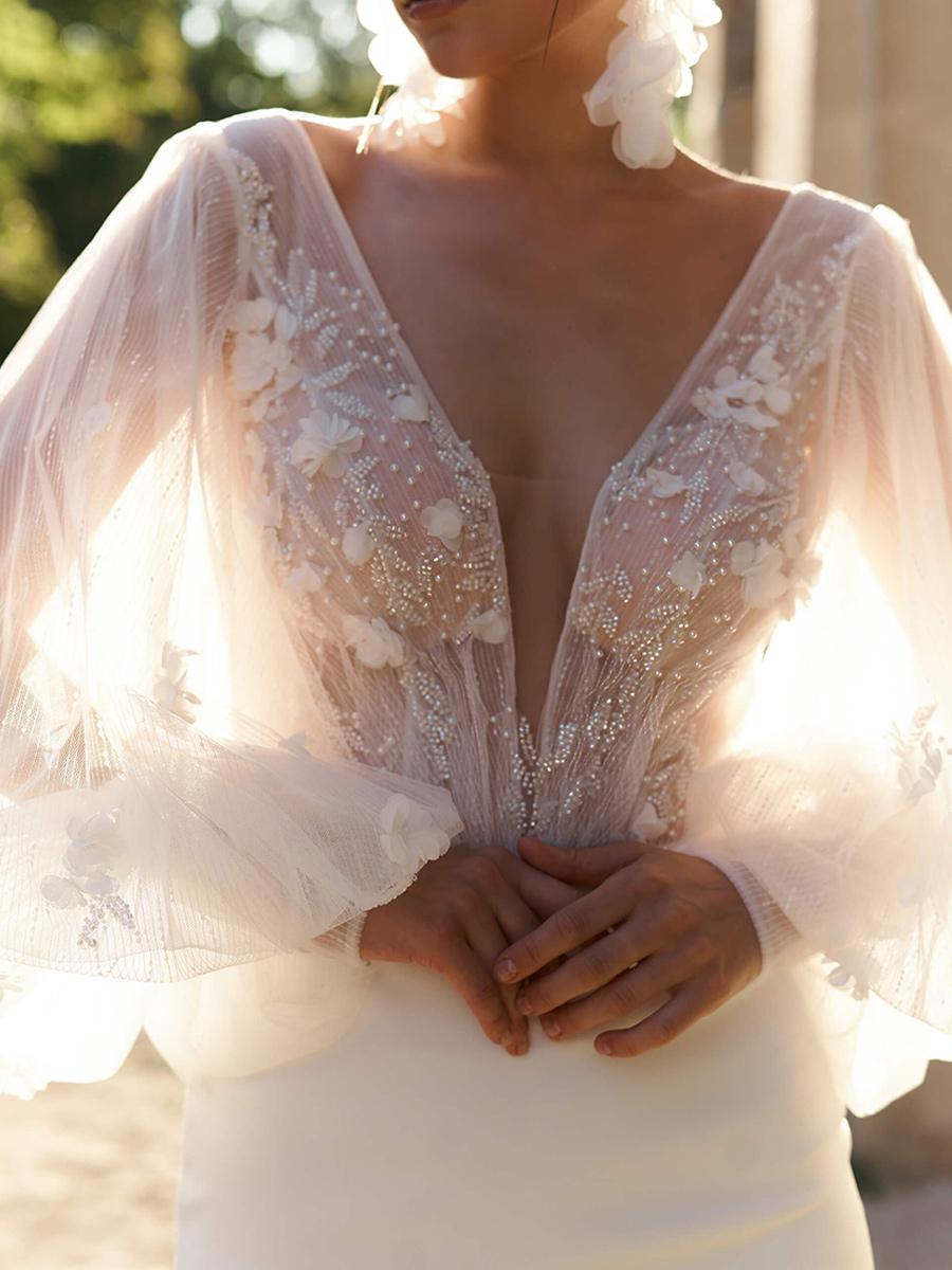 Ivory V-Neck Long Sleeves Sheath Stretch Crepe Short Wedding Dress