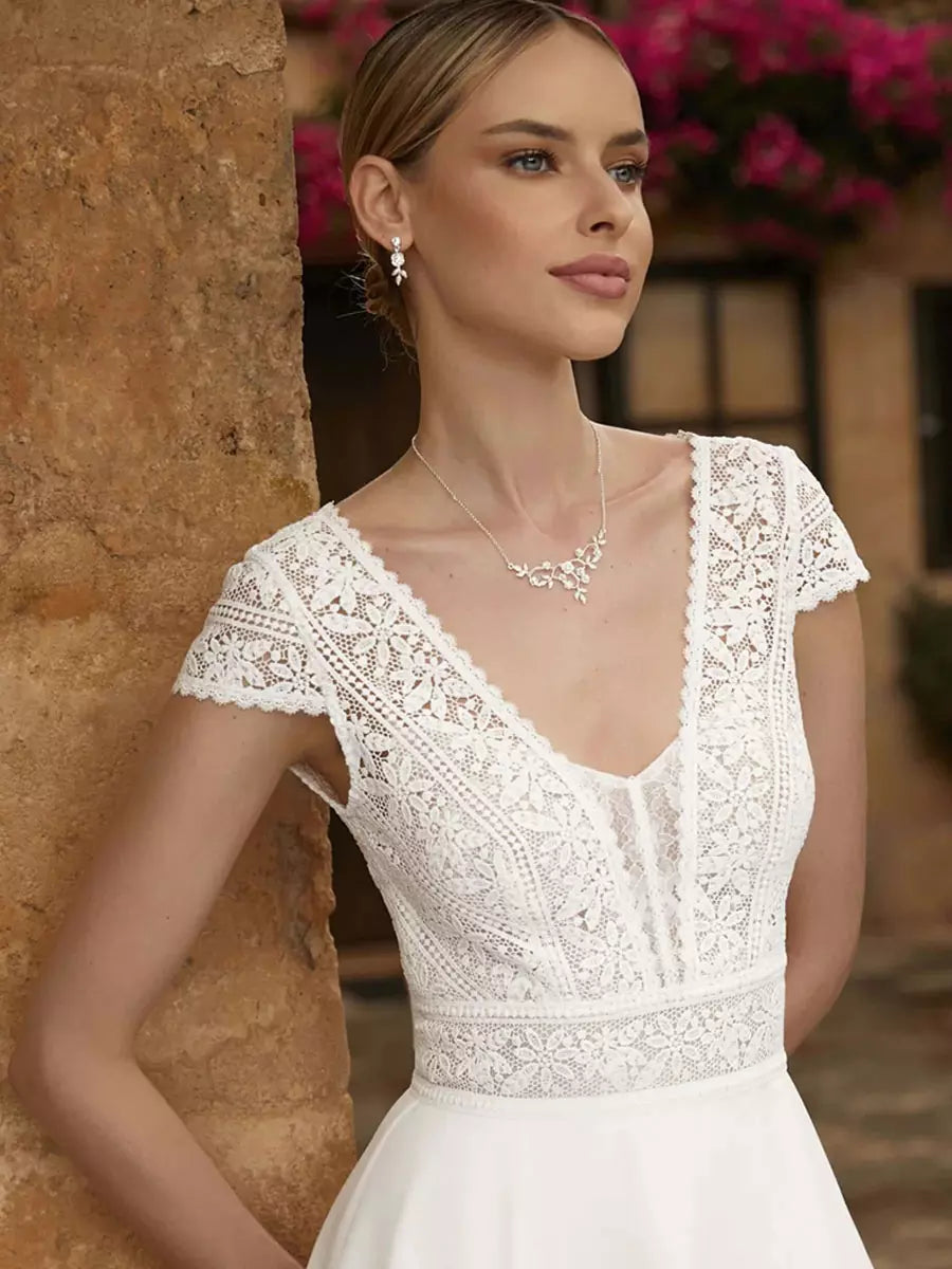 V-Neck Short Sleeves A-Line Tea-Length Wedding Dress