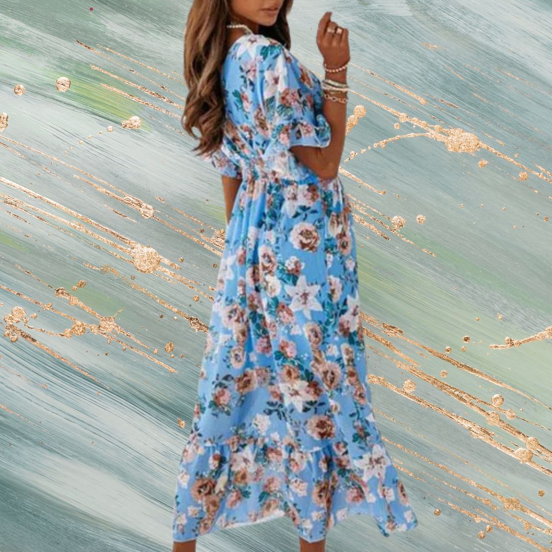 V-Neck Short Sleeves Floral Print Pleated Layered Casual Maxi Dress