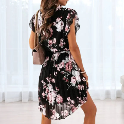 V-Neck Short Sleeves Floral Printed Knee Length Beach Dress