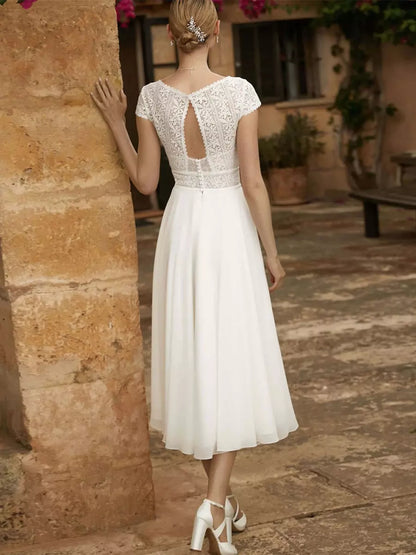 V-Neck Short Sleeves A-Line Tea-Length Wedding Dress