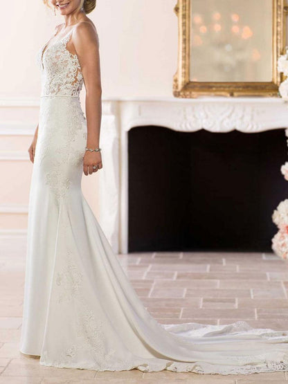 V-Neck Sleeveless Backless Lace Mermaid Wedding Dress