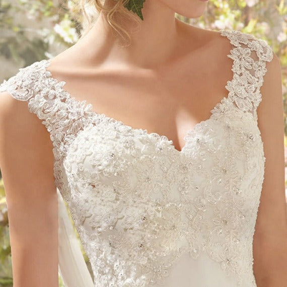 A-Line V-Neck Sleeveless Lace Flora Beaded Brush Train Wedding Dress