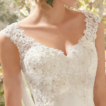 A-Line V-Neck Sleeveless Lace Flora Beaded Brush Train Wedding Dress