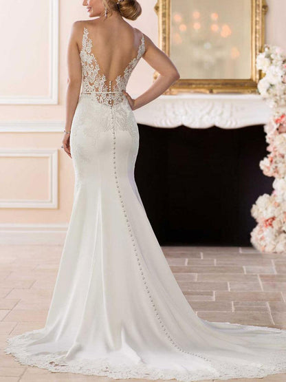 V-Neck Sleeveless Backless Lace Mermaid Wedding Dress