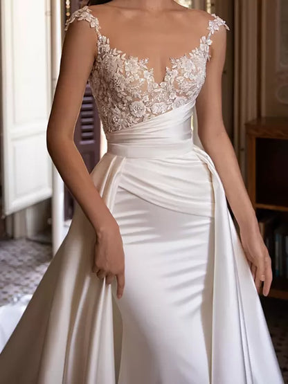 V-Neck Sleeveless Pleated Train Simple Wedding Dress