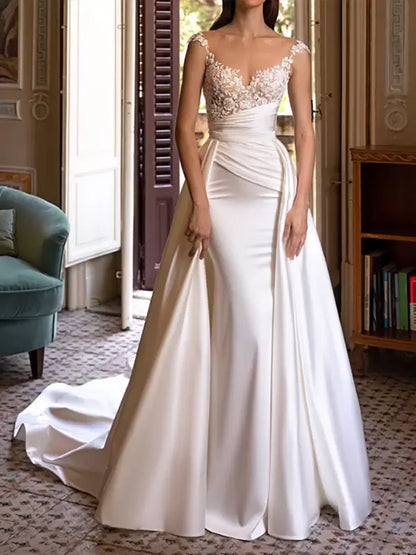 V-Neck Sleeveless Pleated Train Simple Wedding Dress