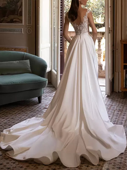 V-Neck Sleeveless Pleated Train Simple Wedding Dress