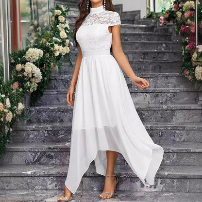 White High Collar Chiffon Lace Midi Wedding Dress