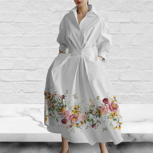 White Floral Printed Long Casual Shirt Dress