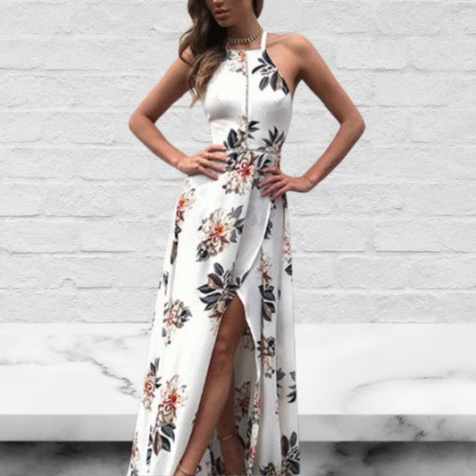 White Halter Sleeveless Backless Floral Printed Slit Maxi Dress