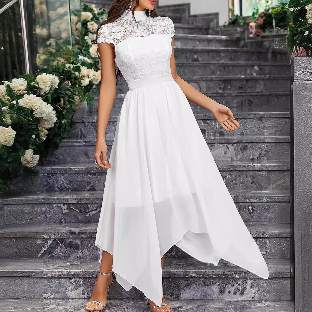White High Collar Chiffon Lace Midi Wedding Dress