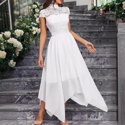 White High Collar Chiffon Lace Midi Wedding Dress