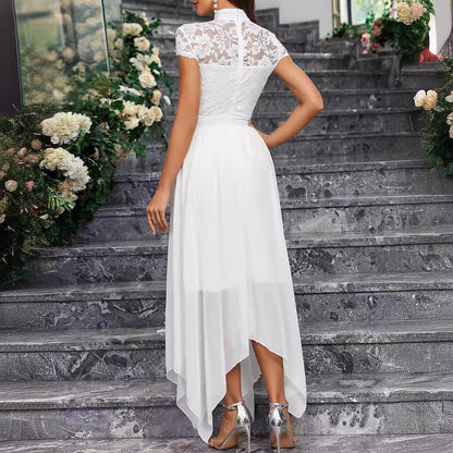 White High Collar Chiffon Lace Midi Wedding Dress