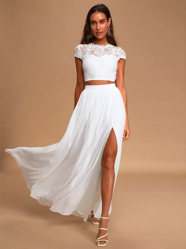 Jewel Neck A-Line Chiffon Lace Floor-Length Two-piece Wedding Dress