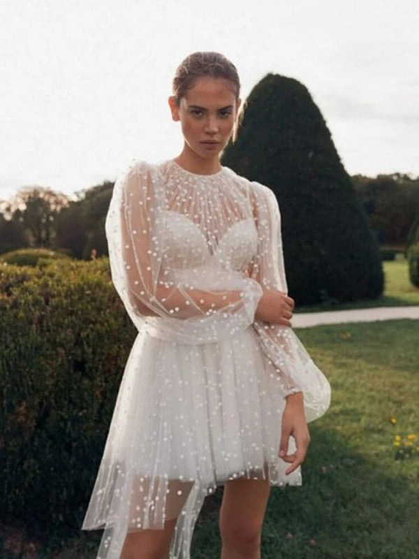 Jewel Neck Long Sleeves A-Line Asymmetric Short Wedding Dress