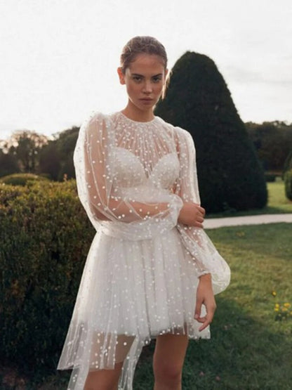 Jewel Neck Long Sleeves A-Line Asymmetric Short Wedding Dress