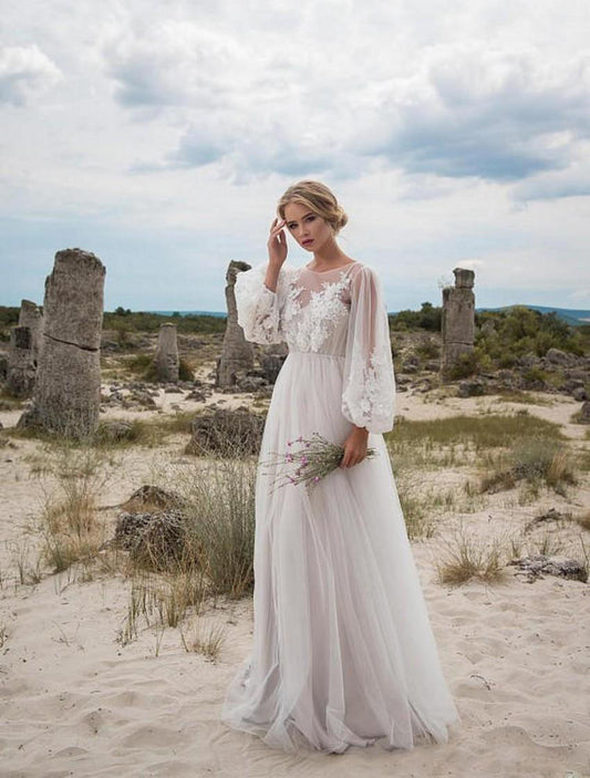 White Round Neck Puff Sleeves Mesh Embroidered Wedding Dress