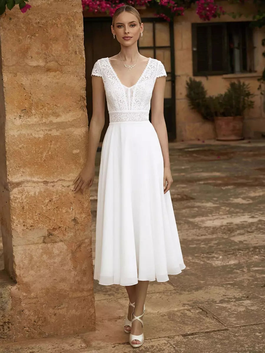 V-Neck Short Sleeves A-Line Tea-Length Wedding Dress