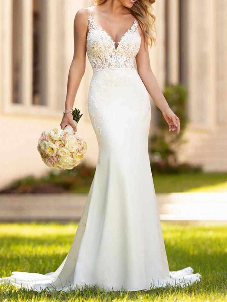 V-Neck Sleeveless Backless Lace Mermaid Wedding Dress