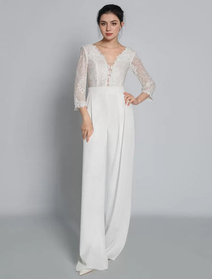 Lace V-Neck 3/4 Length Sleeves Floor-Length Bridal Jumpsuit